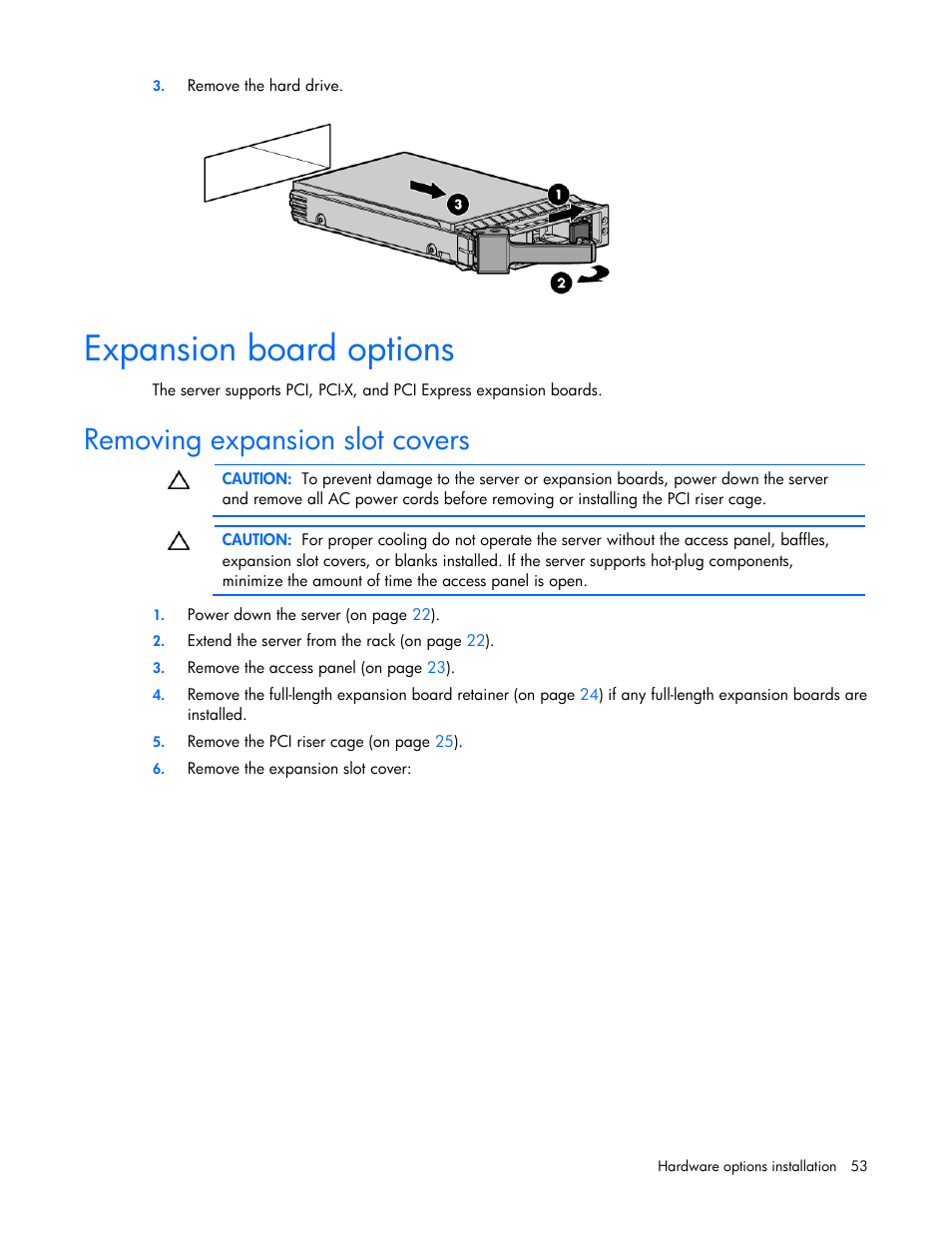 Expansion board options, Removing expansion slot covers | HP ProLiant DL385 G7 Server User Manual | Page 53 / 111