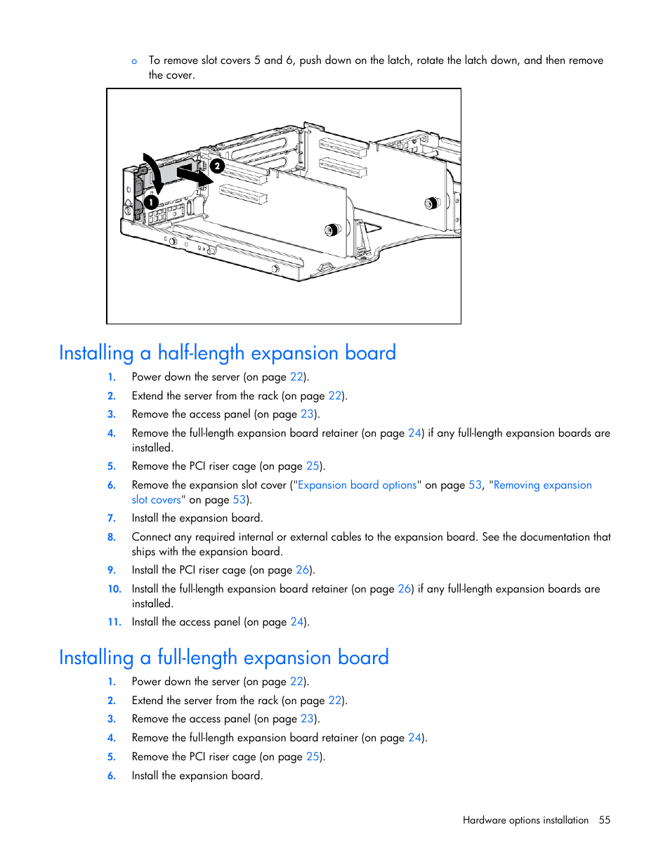 Installing a half-length expansion board, Installing a full-length expansion board | HP ProLiant DL385 G7 Server User Manual | Page 55 / 111