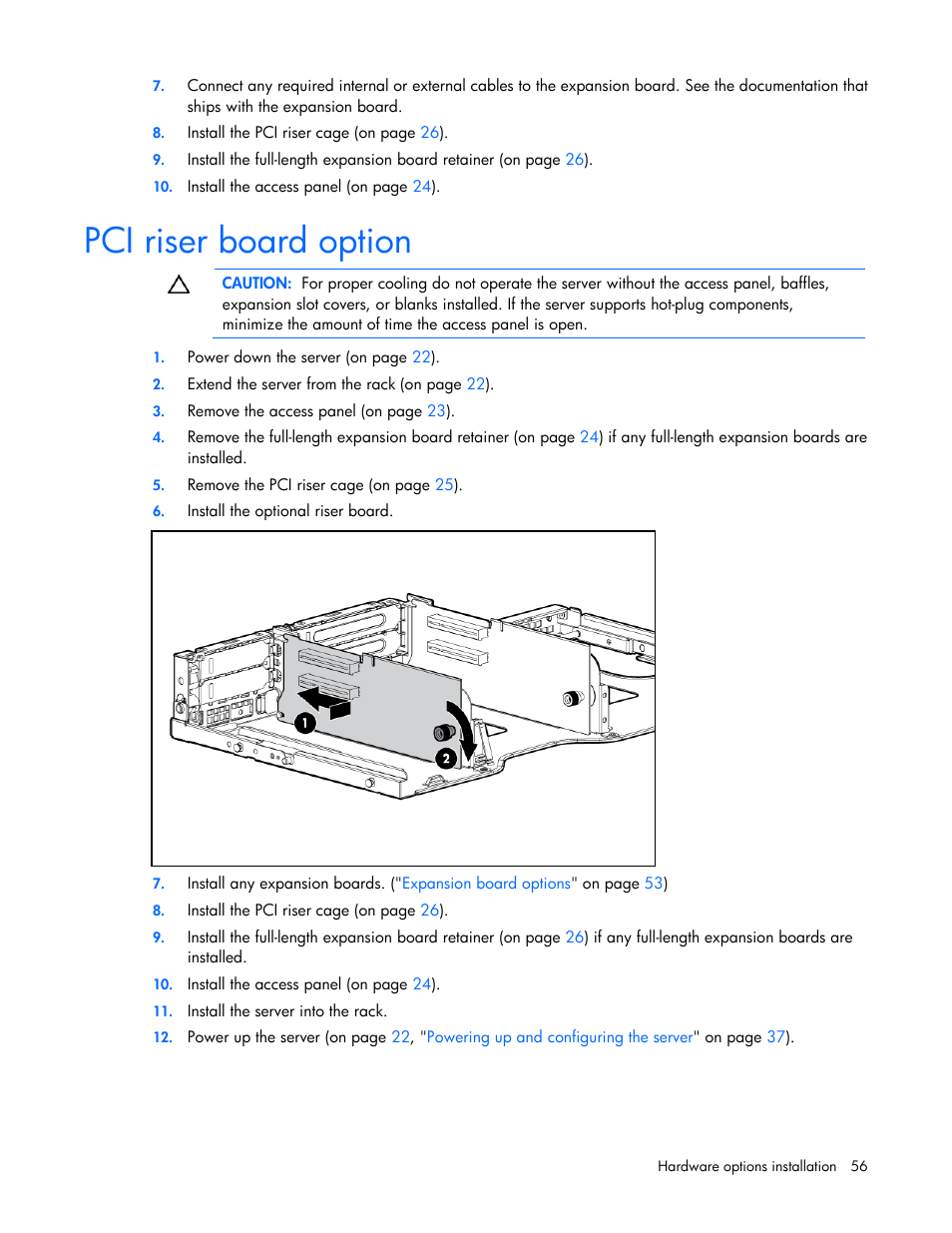 Pci riser board option | HP ProLiant DL385 G7 Server User Manual | Page 56 / 111