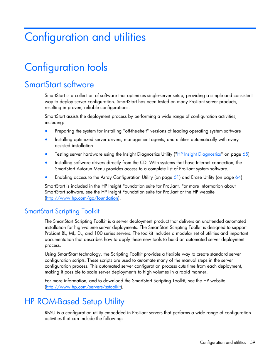 Configuration and utilities, Configuration tools, Smartstart software | Smartstart scripting toolkit, Hp rom-based setup utility, Smartstart software hp rom-based setup utility, Hp rom-based setup, Utility | HP ProLiant DL385 G7 Server User Manual | Page 59 / 111