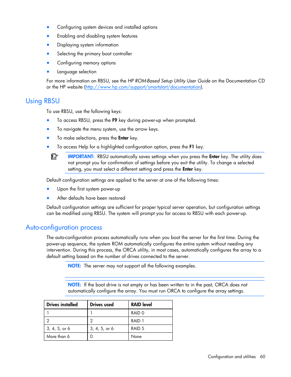 Using rbsu, Auto-configuration process | HP ProLiant DL385 G7 Server User Manual | Page 60 / 111