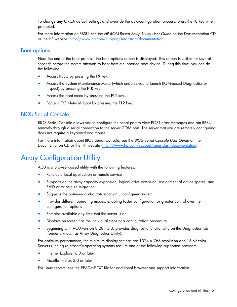 Boot options, Bios serial console, Array configuration utility | HP ProLiant DL385 G7 Server User Manual | Page 61 / 111