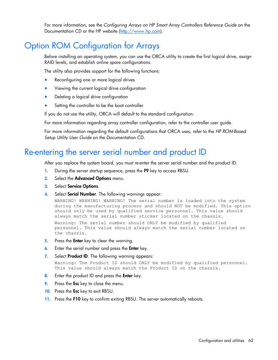 Option rom configuration for arrays | HP ProLiant DL385 G7 Server User Manual | Page 62 / 111