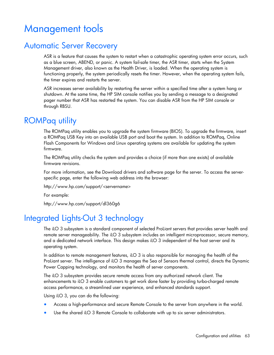 Management tools, Automatic server recovery, Rompaq utility | Integrated lights-out 3 technology | HP ProLiant DL385 G7 Server User Manual | Page 63 / 111