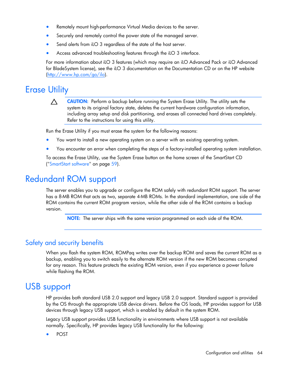 Erase utility, Redundant rom support, Safety and security benefits | Usb support, Erase utility redundant rom support usb support | HP ProLiant DL385 G7 Server User Manual | Page 64 / 111