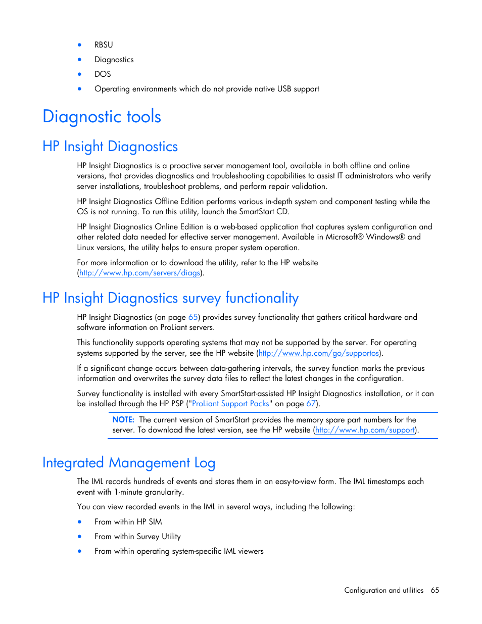 Diagnostic tools, Hp insight diagnostics, Hp insight diagnostics survey functionality | Integrated management log | HP ProLiant DL385 G7 Server User Manual | Page 65 / 111