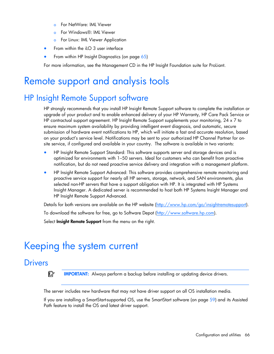 Remote support and analysis tools, Hp insight remote support software, Keeping the system current | Drivers | HP ProLiant DL385 G7 Server User Manual | Page 66 / 111