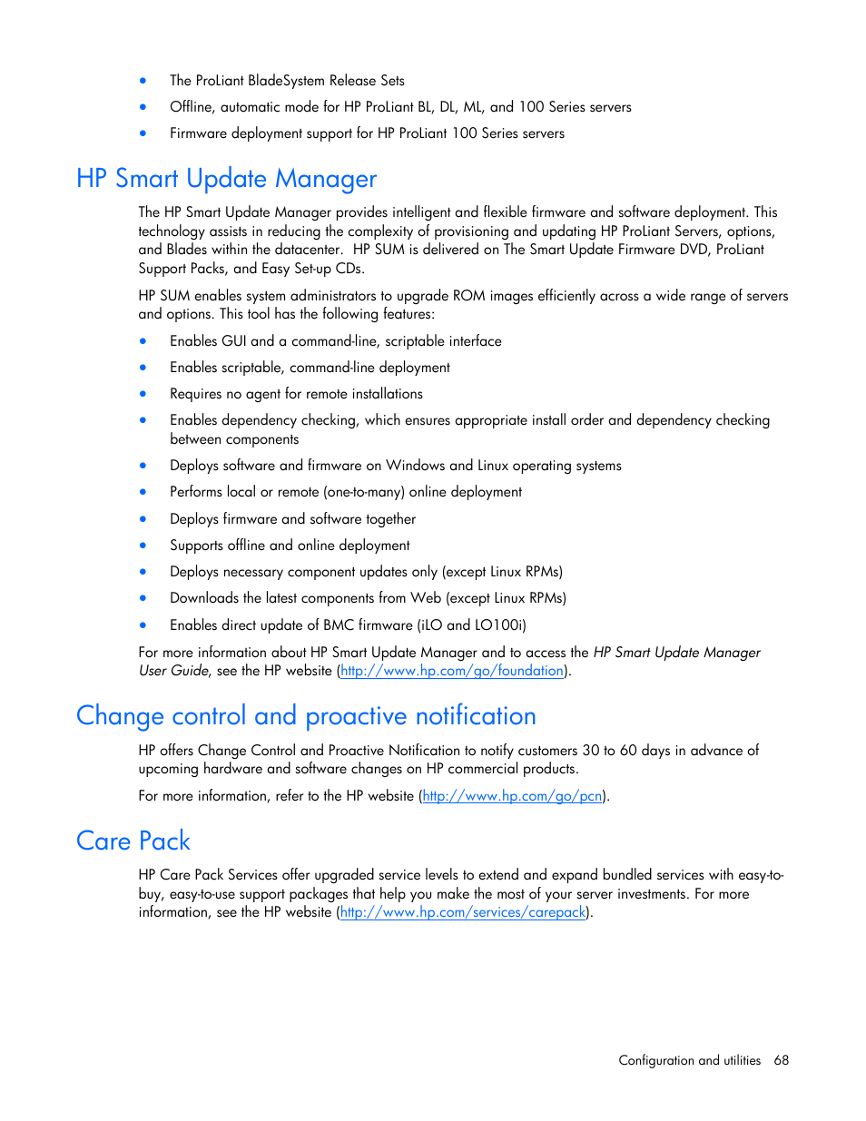 Hp smart update manager, Change control and proactive notification, Care pack | HP ProLiant DL385 G7 Server User Manual | Page 68 / 111