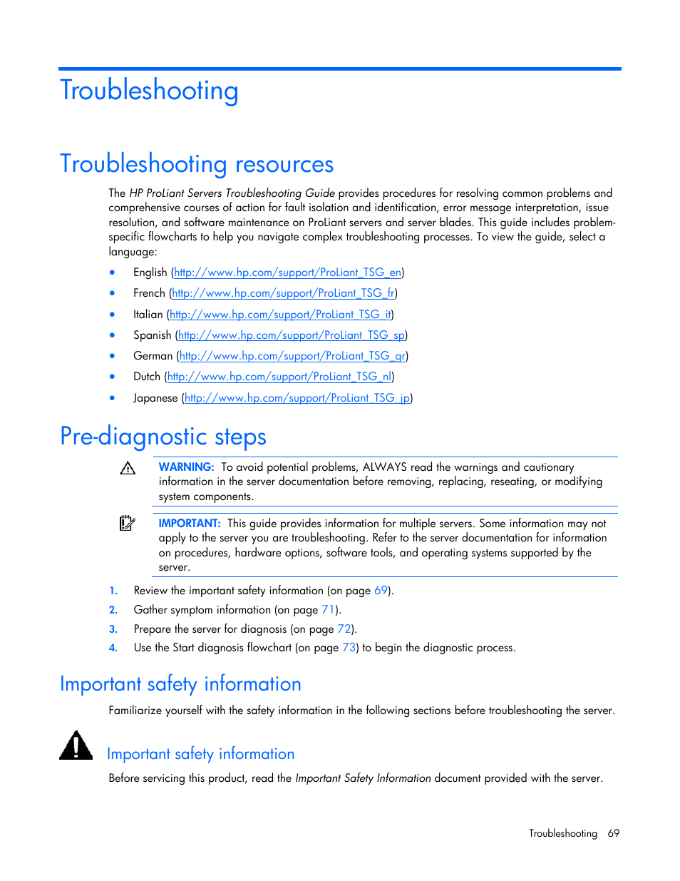 Troubleshooting, Troubleshooting resources, Pre-diagnostic steps | Important safety information, Troubleshooting resources pre-diagnostic steps | HP ProLiant DL385 G7 Server User Manual | Page 69 / 111