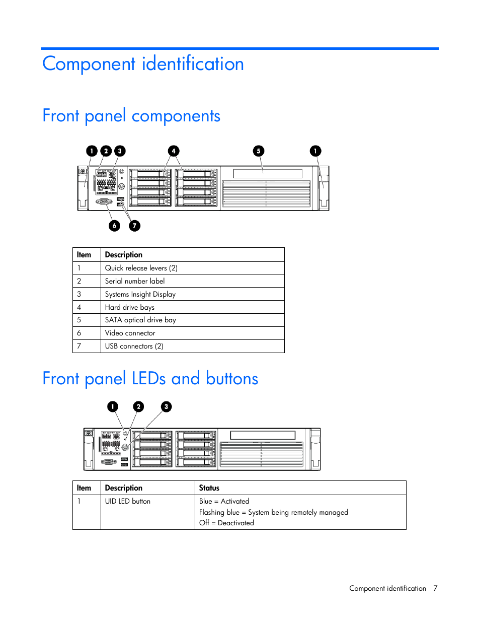 Component identification, Front panel components, Front panel leds and buttons | HP ProLiant DL385 G7 Server User Manual | Page 7 / 111