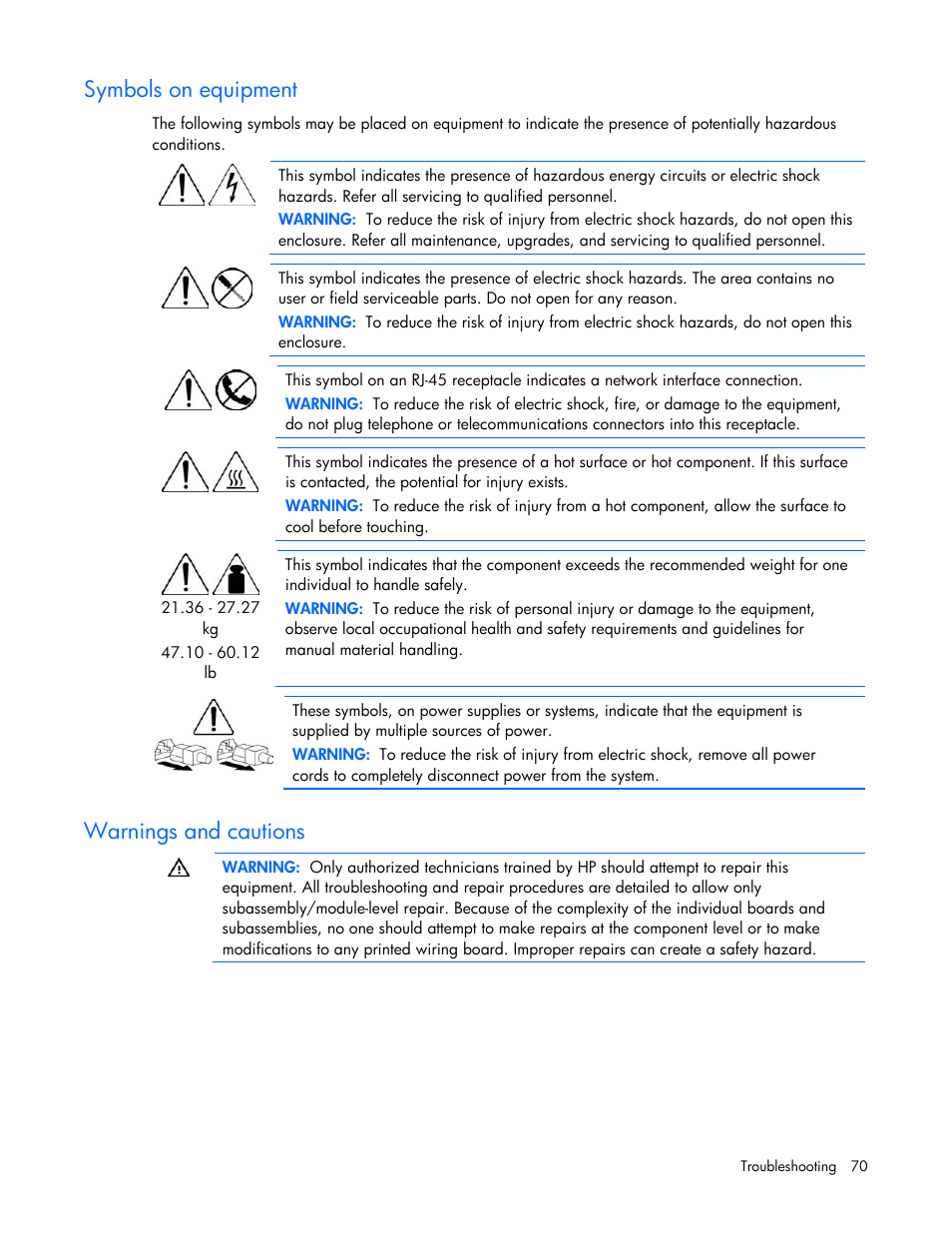 Symbols on equipment, Warnings and cautions | HP ProLiant DL385 G7 Server User Manual | Page 70 / 111