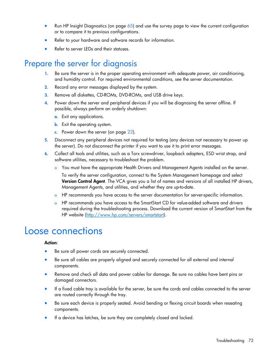 Prepare the server for diagnosis, Loose connections | HP ProLiant DL385 G7 Server User Manual | Page 72 / 111