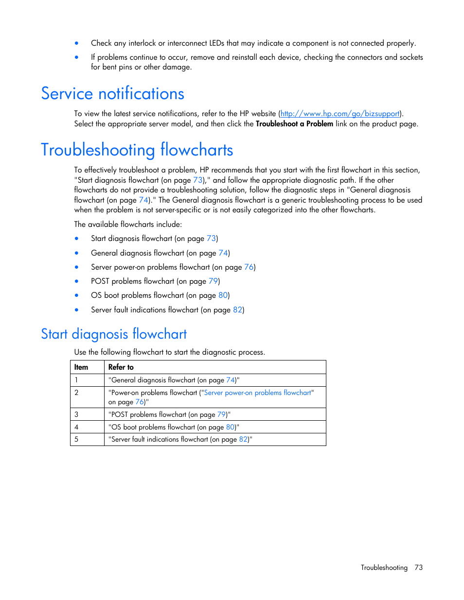 Service notifications, Troubleshooting flowcharts, Start diagnosis flowchart | Service notifications troubleshooting flowcharts | HP ProLiant DL385 G7 Server User Manual | Page 73 / 111