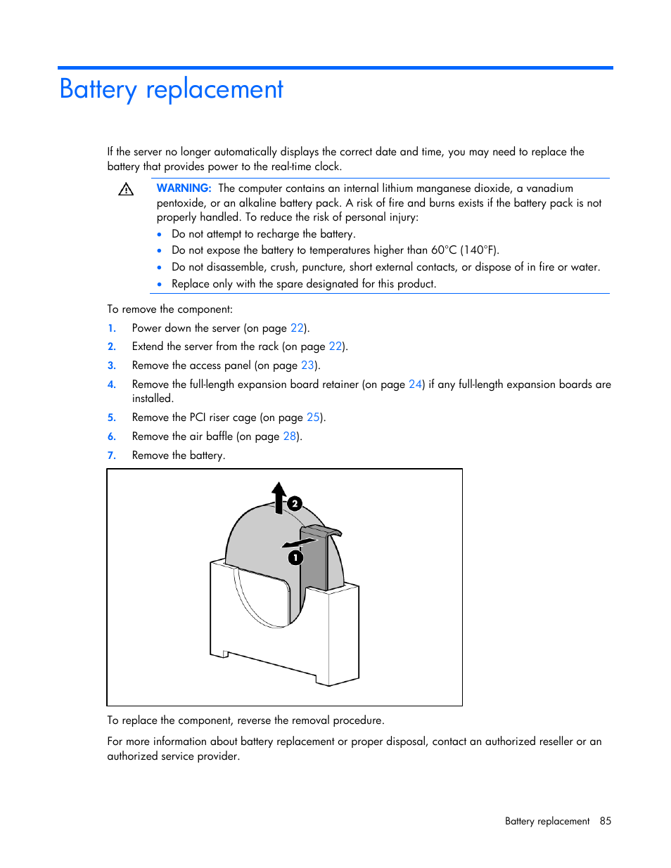 Battery replacement | HP ProLiant DL385 G7 Server User Manual | Page 85 / 111