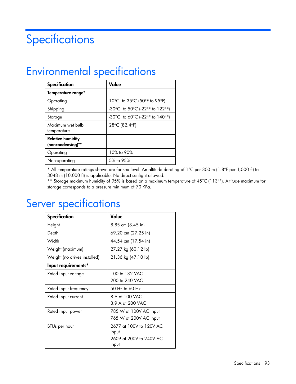 Specifications, Environmental specifications, Server specifications | HP ProLiant DL385 G7 Server User Manual | Page 93 / 111