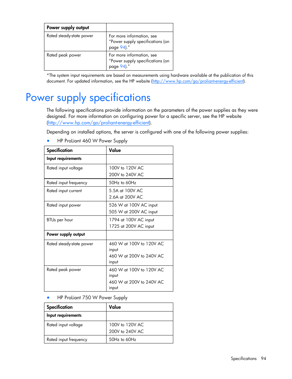 Power supply specifications | HP ProLiant DL385 G7 Server User Manual | Page 94 / 111