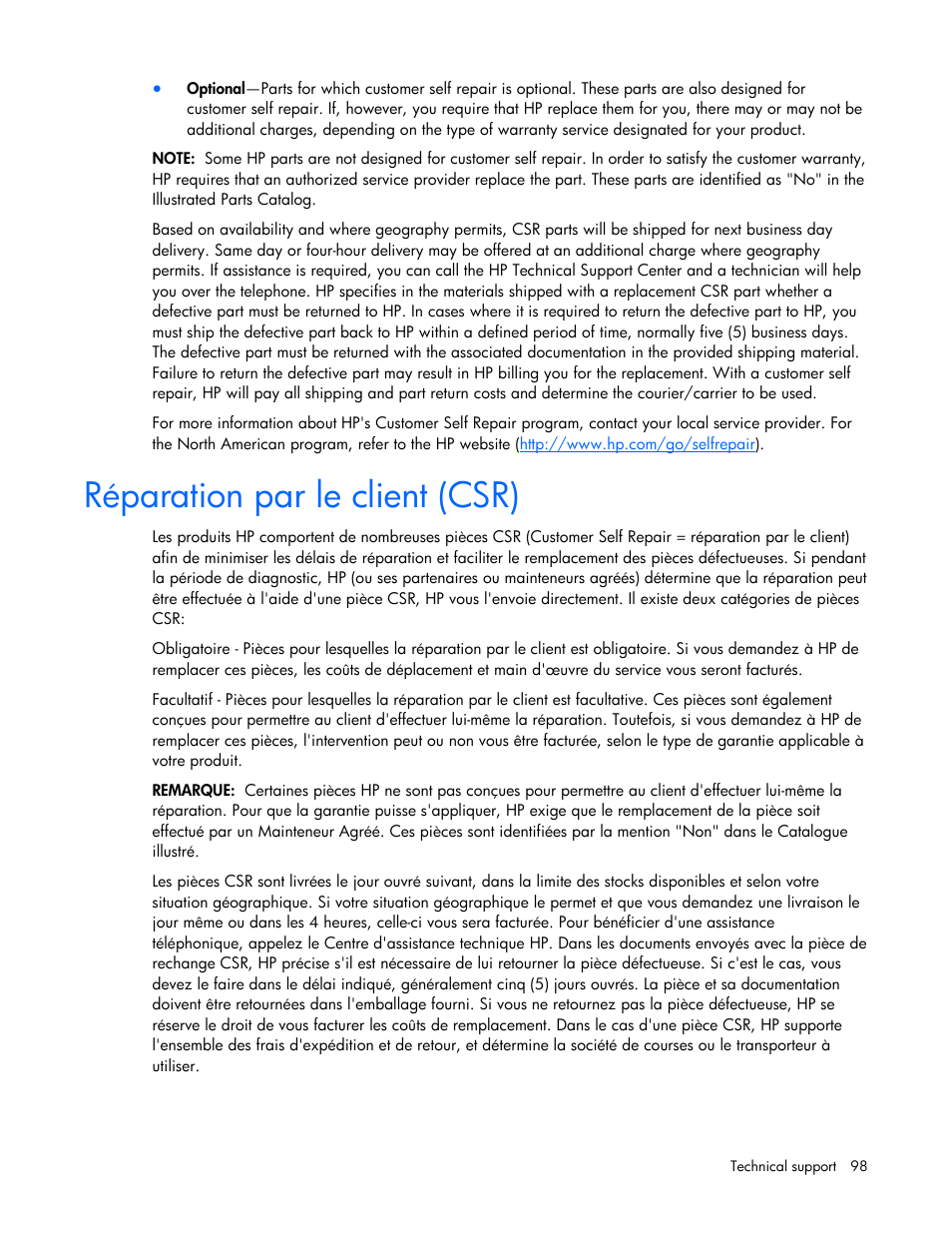 Réparation par le client (csr) | HP ProLiant DL385 G7 Server User Manual | Page 98 / 111