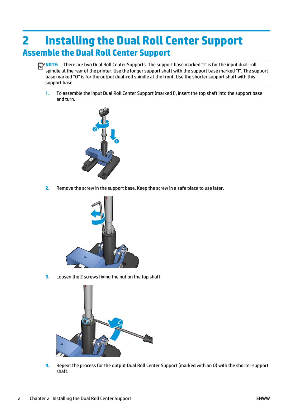 Installing the dual roll center support, Assemble the dual roll center support, 2 installing the dual roll center support | 2installing the dual roll center support | HP Latex 3000 Printer User Manual | Page 6 / 27
