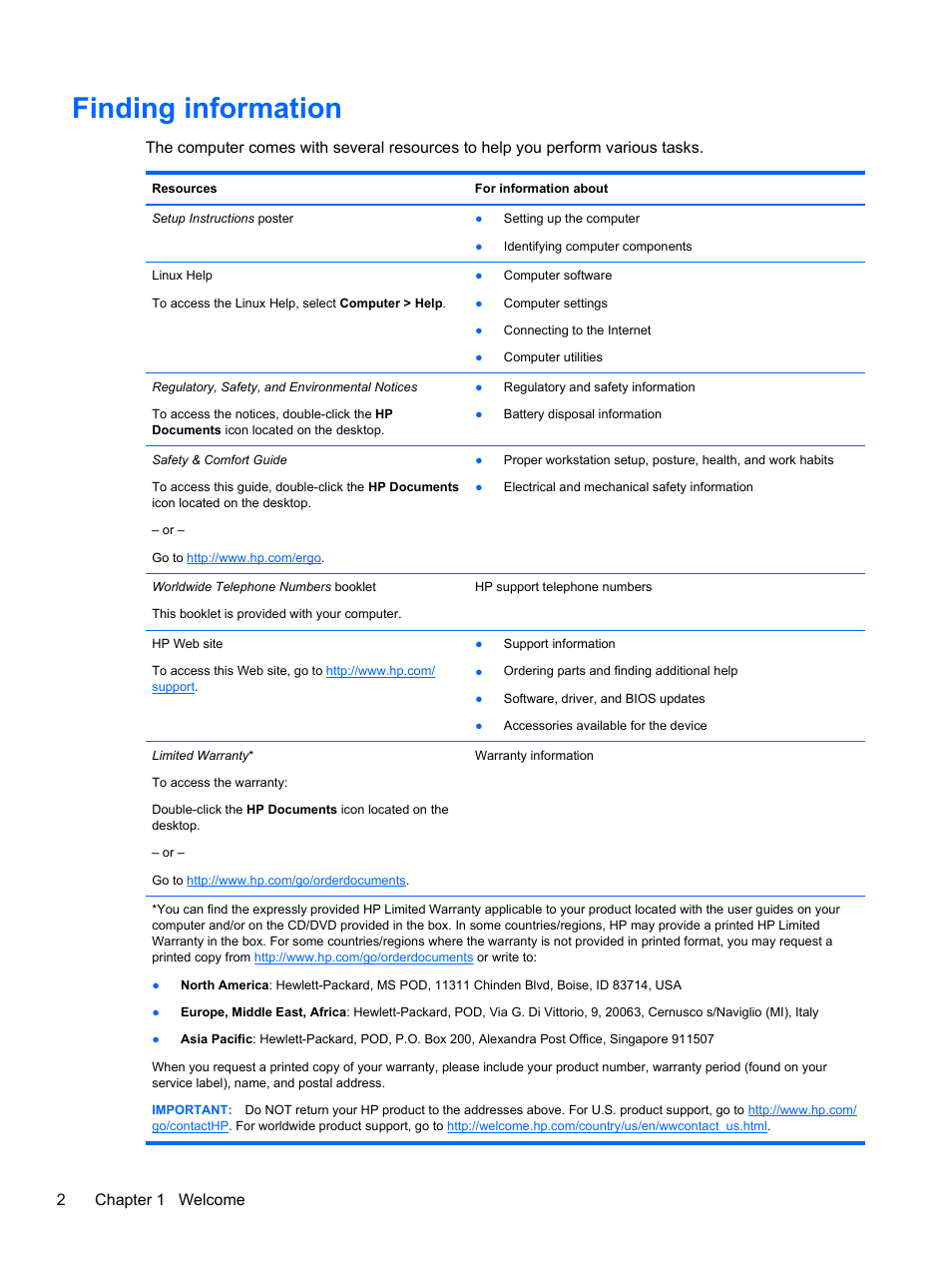 Finding information, 2chapter 1 welcome | HP ProBook 4446s Notebook-PC User Manual | Page 12 / 100