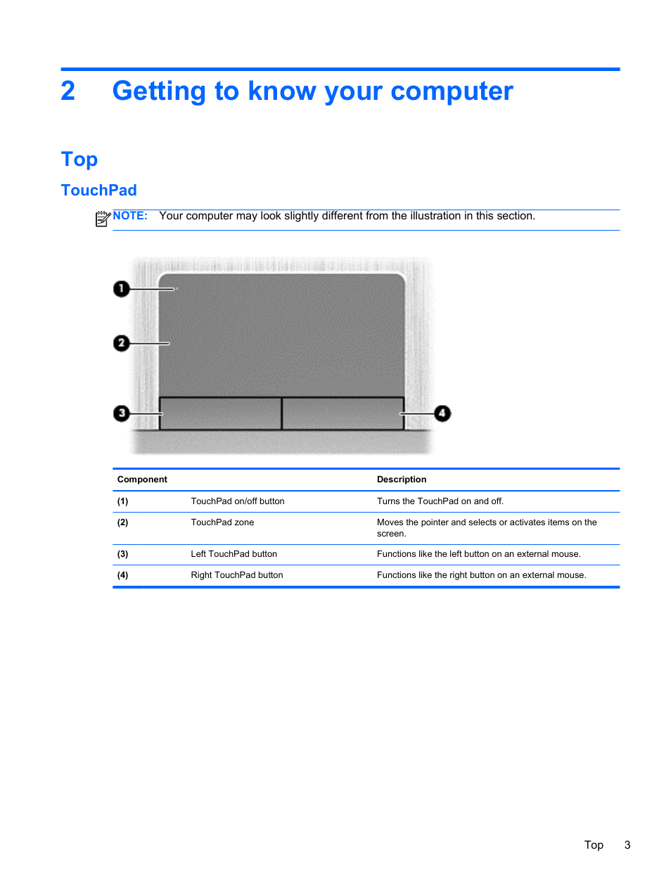 Getting to know your computer, Touchpad, 2 getting to know your computer | Getting to know, 2getting to know your computer | HP ProBook 4446s Notebook-PC User Manual | Page 13 / 100