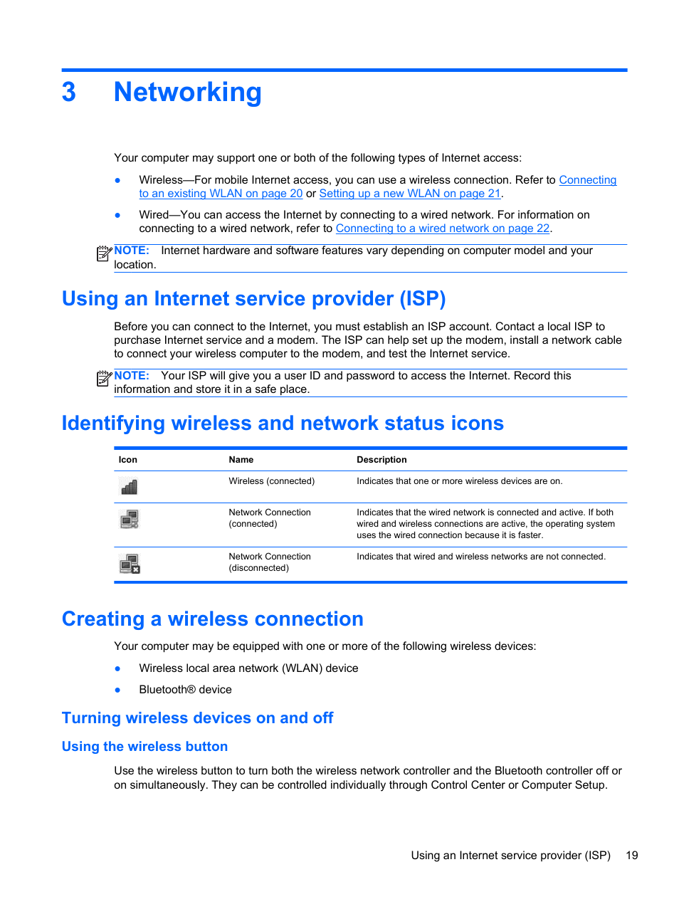 Networking, Using an internet service provider (isp), Identifying wireless and network status icons | Creating a wireless connection, Turning wireless devices on and off, Using the wireless button, 3 networking, 3networking | HP ProBook 4446s Notebook-PC User Manual | Page 29 / 100