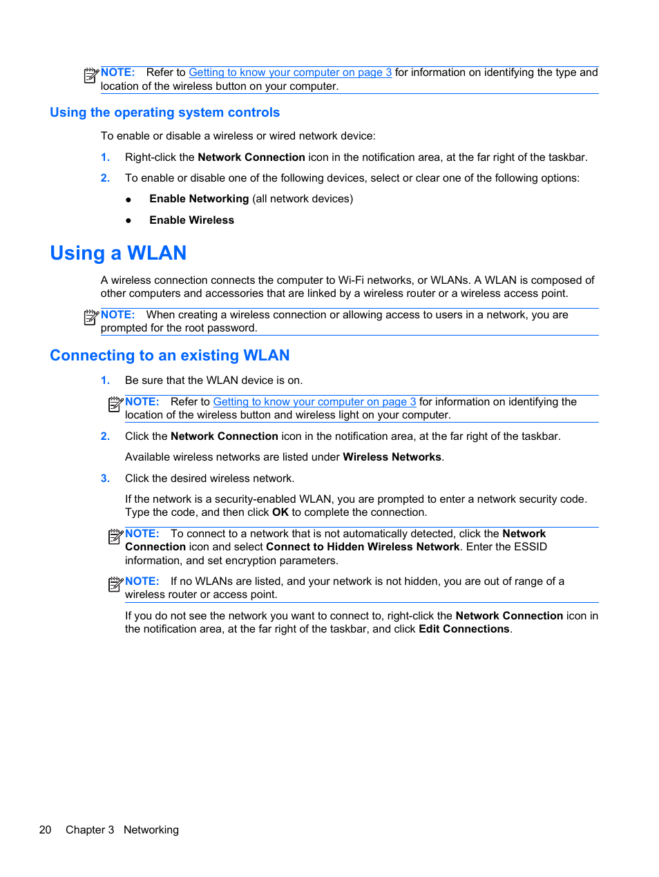 Using the operating system controls, Using a wlan, Connecting to an existing wlan | Connecting | HP ProBook 4446s Notebook-PC User Manual | Page 30 / 100