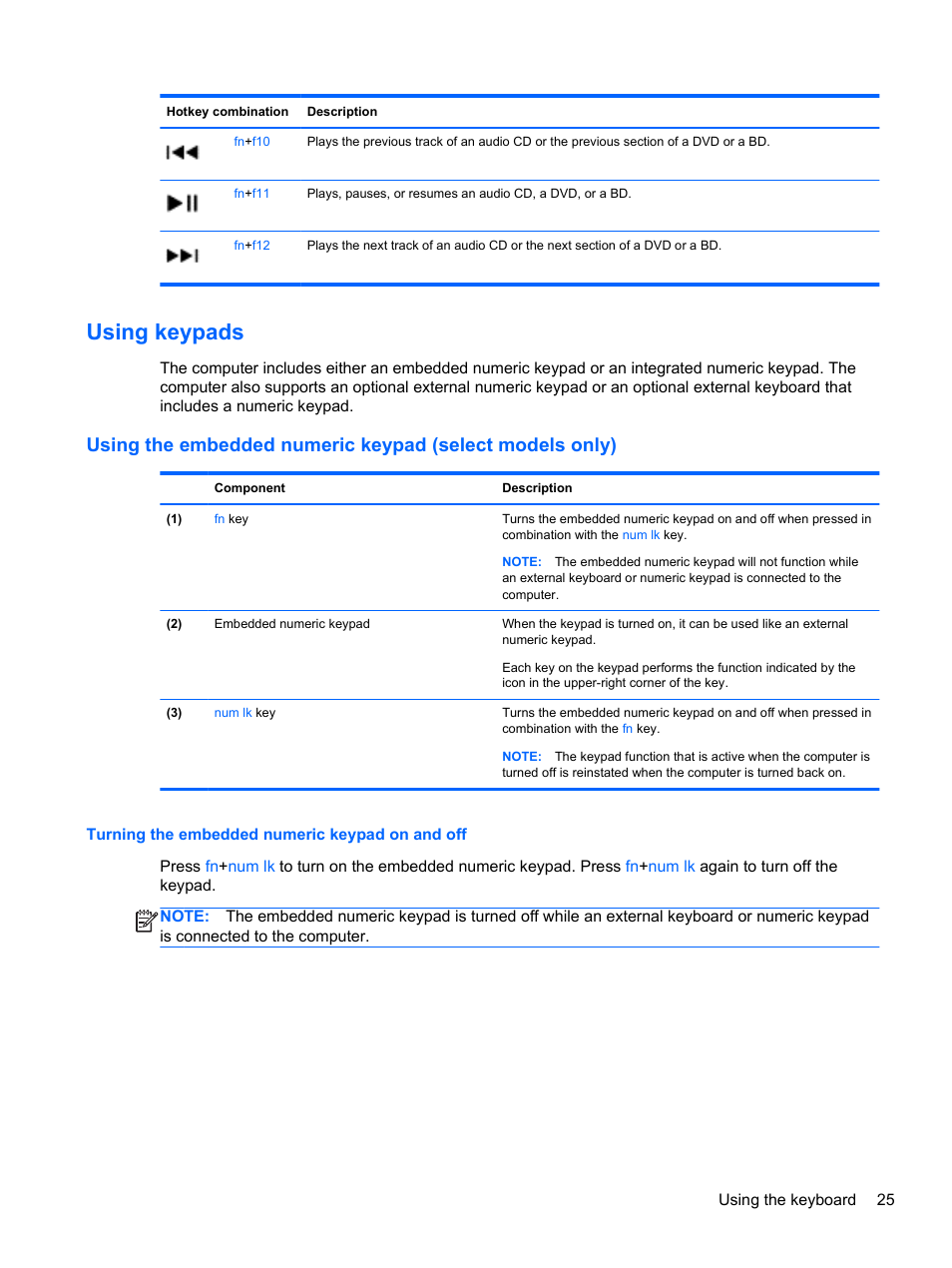 Using keypads, Turning the embedded numeric keypad on and off | HP ProBook 4446s Notebook-PC User Manual | Page 35 / 100