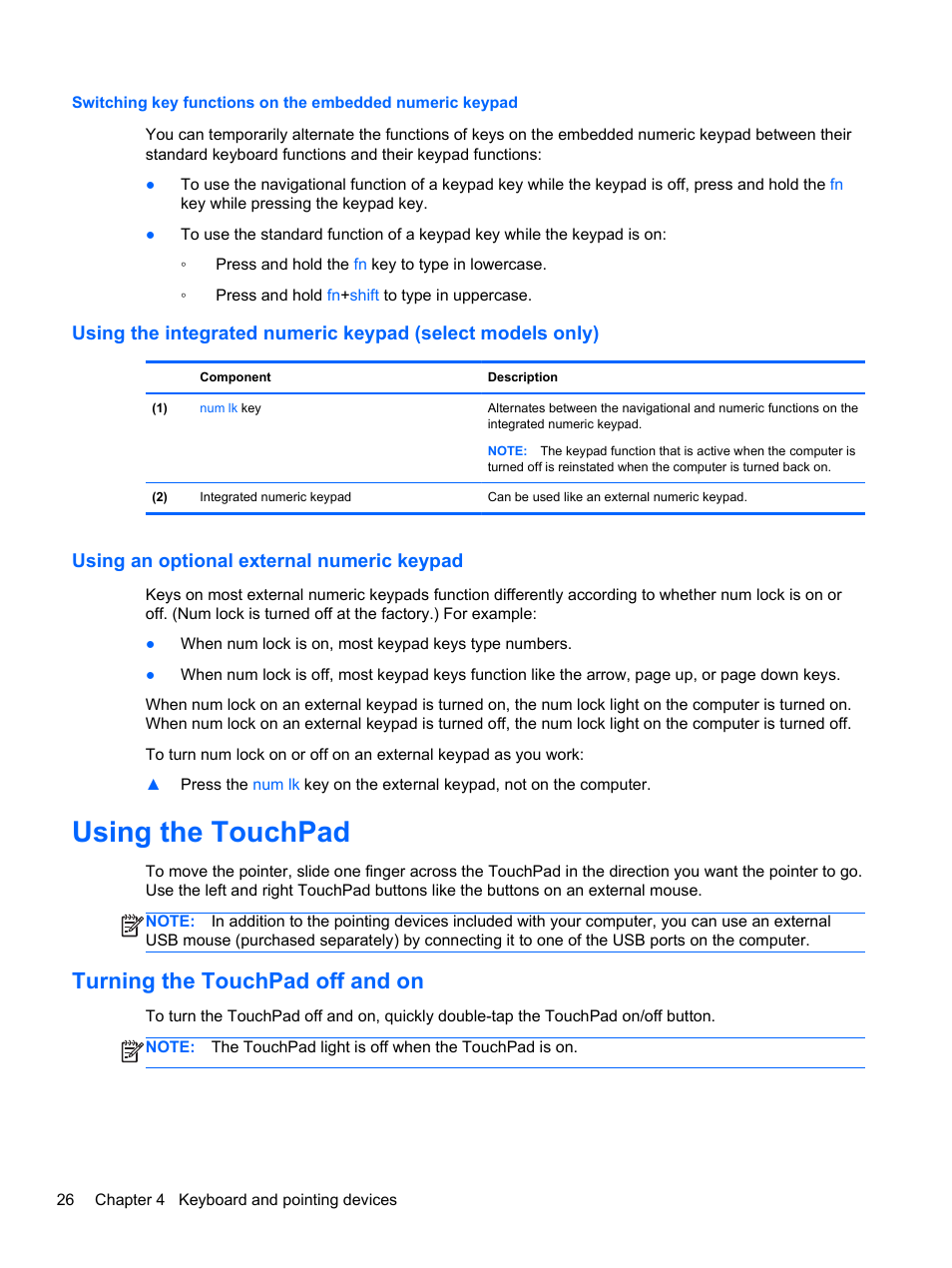 Using an optional external numeric keypad, Using the touchpad, Turning the touchpad off and on | HP ProBook 4446s Notebook-PC User Manual | Page 36 / 100