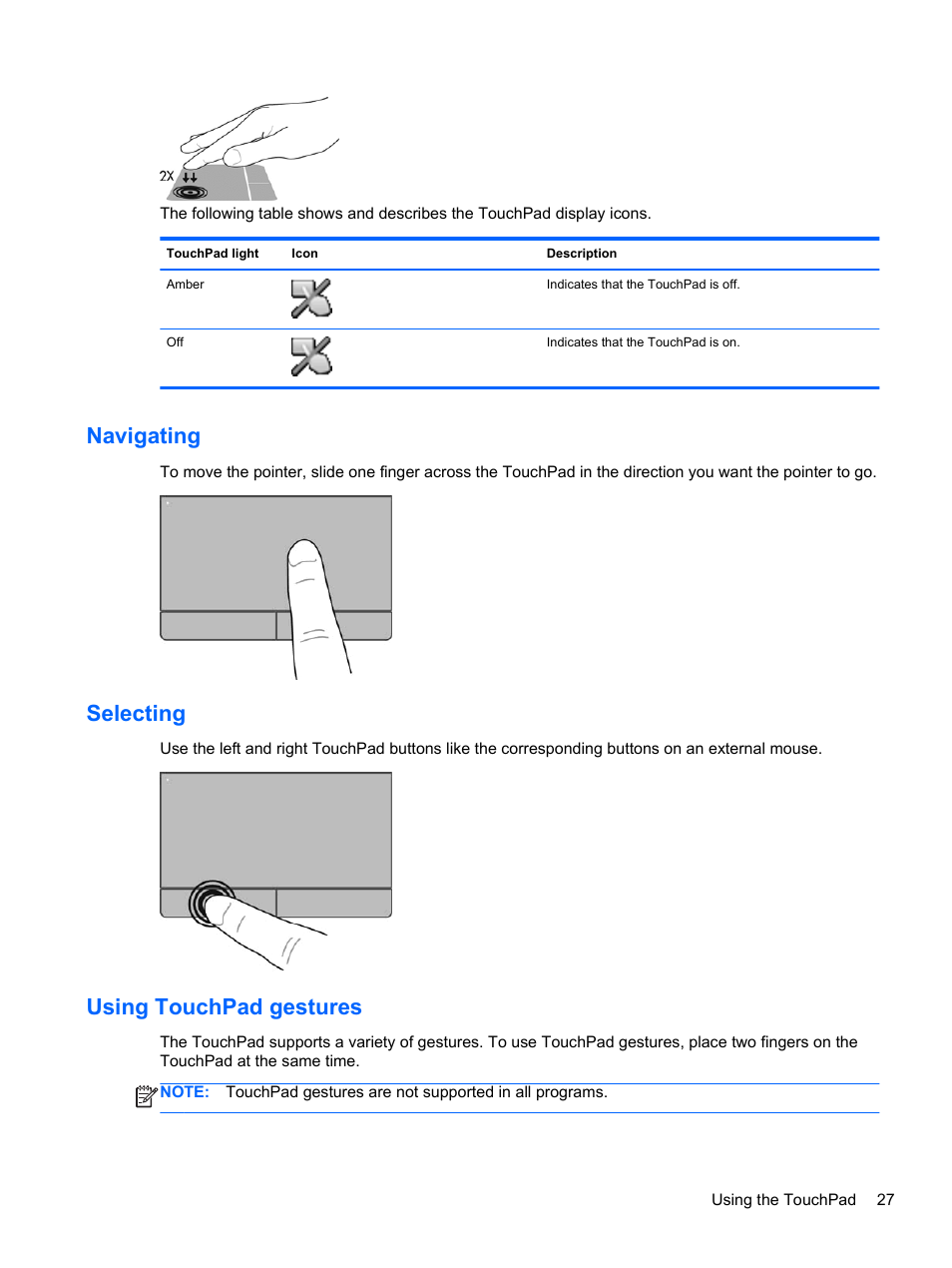 Navigating, Selecting, Using touchpad gestures | Navigating selecting using touchpad gestures | HP ProBook 4446s Notebook-PC User Manual | Page 37 / 100