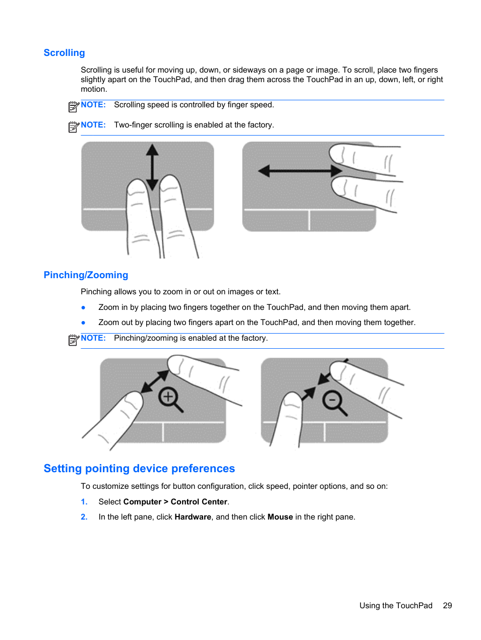 Scrolling, Pinching/zooming, Setting pointing device preferences | Scrolling pinching/zooming | HP ProBook 4446s Notebook-PC User Manual | Page 39 / 100