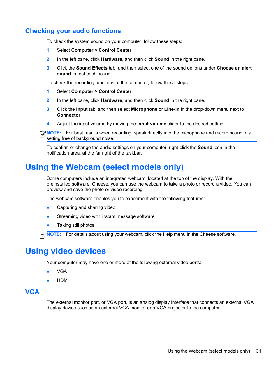 Checking your audio functions, Using the webcam (select models only), Using video devices | HP ProBook 4446s Notebook-PC User Manual | Page 41 / 100