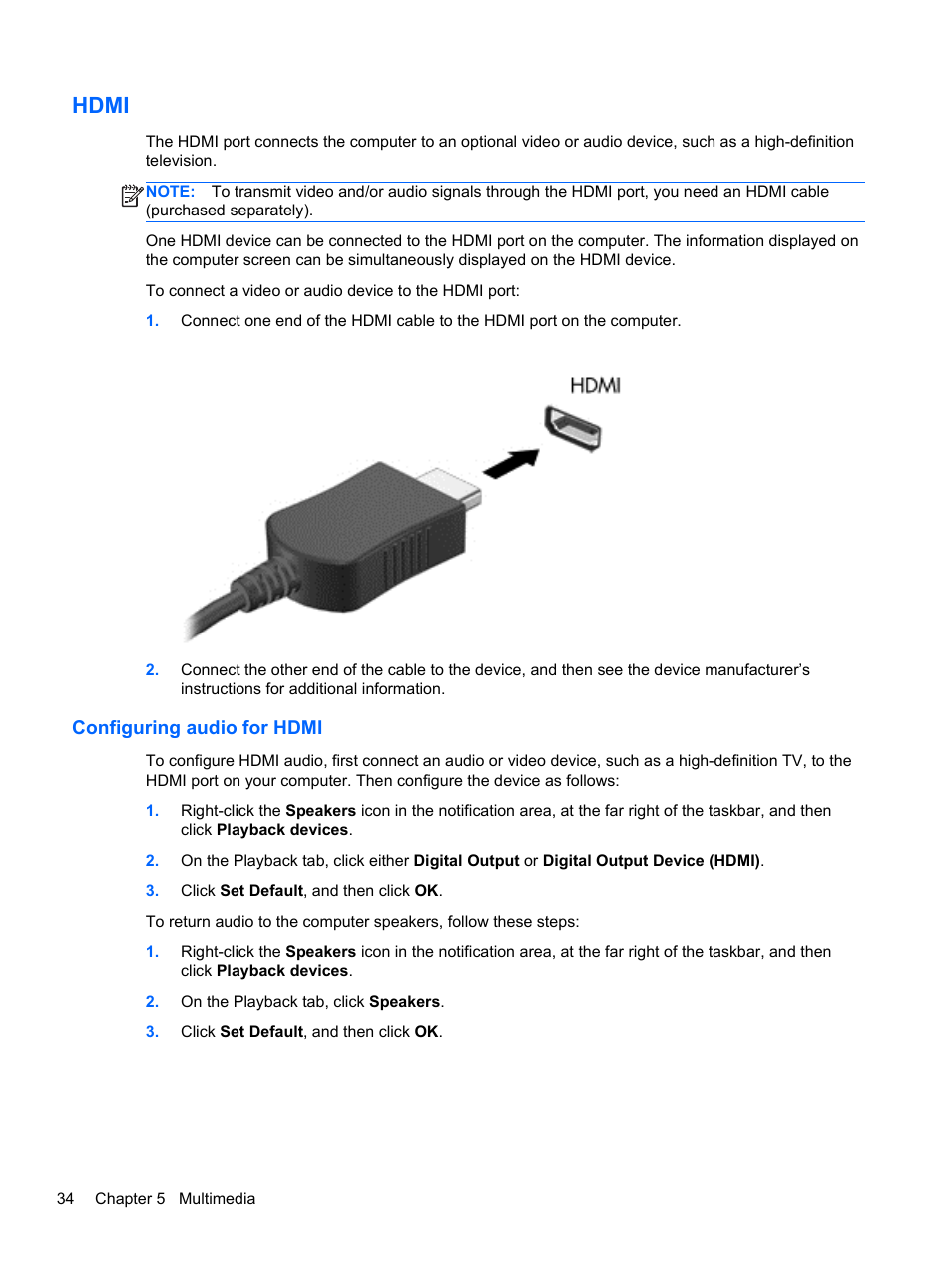 Hdmi, Configuring audio for hdmi | HP ProBook 4446s Notebook-PC User Manual | Page 44 / 100