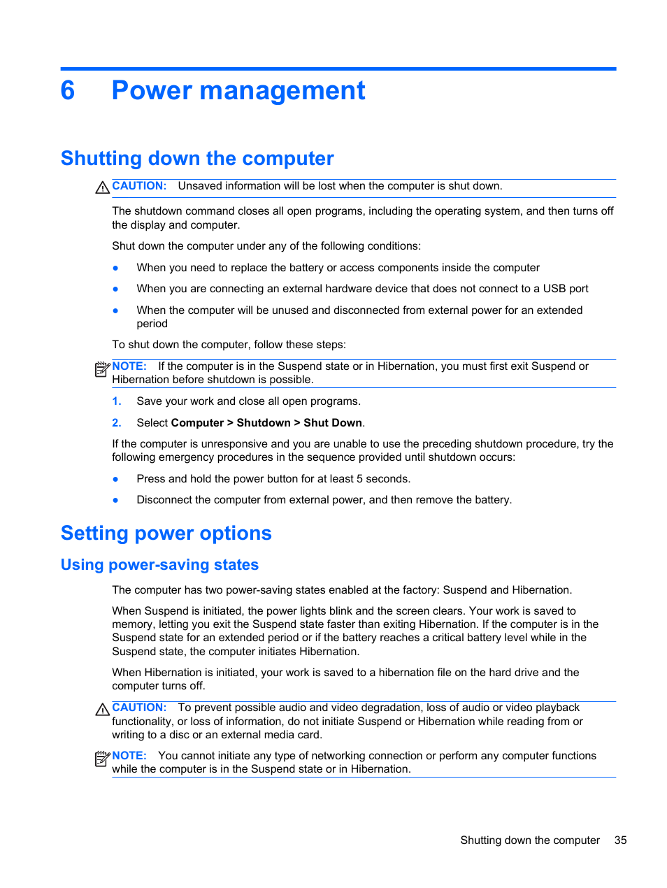 Power management, Shutting down the computer, Setting power options | Using power-saving states, 6 power management, Shutting down the computer setting power options, 6power management | HP ProBook 4446s Notebook-PC User Manual | Page 45 / 100