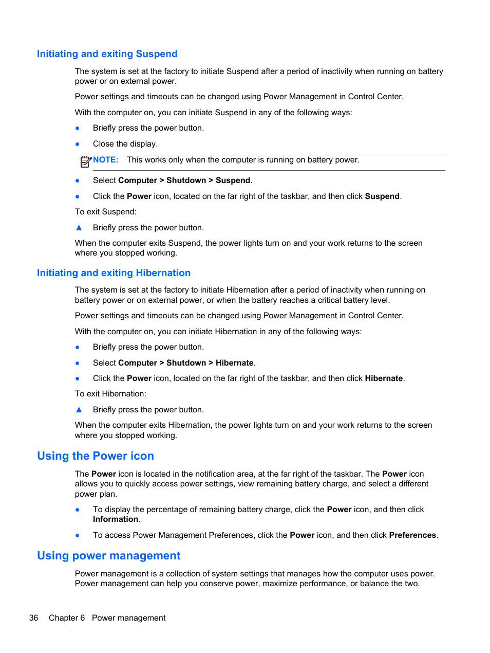 Initiating and exiting suspend, Initiating and exiting hibernation, Using the power icon | Using power management, Using the power icon using power management | HP ProBook 4446s Notebook-PC User Manual | Page 46 / 100