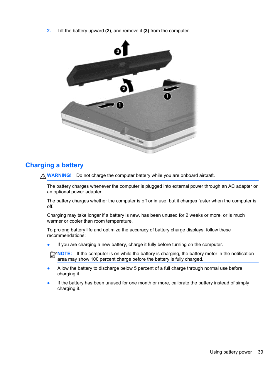 Charging a battery | HP ProBook 4446s Notebook-PC User Manual | Page 49 / 100