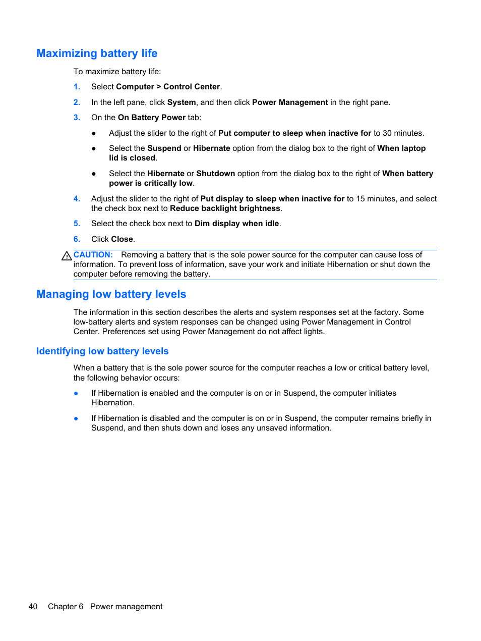 Maximizing battery life, Managing low battery levels, Identifying low battery levels | HP ProBook 4446s Notebook-PC User Manual | Page 50 / 100