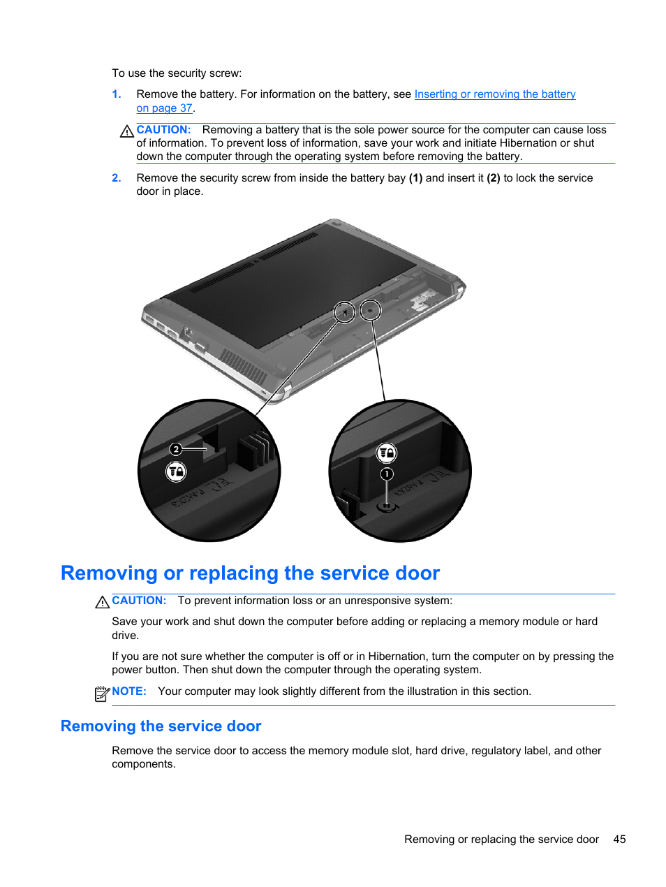 Removing or replacing the service door, Removing the service door | HP ProBook 4446s Notebook-PC User Manual | Page 55 / 100