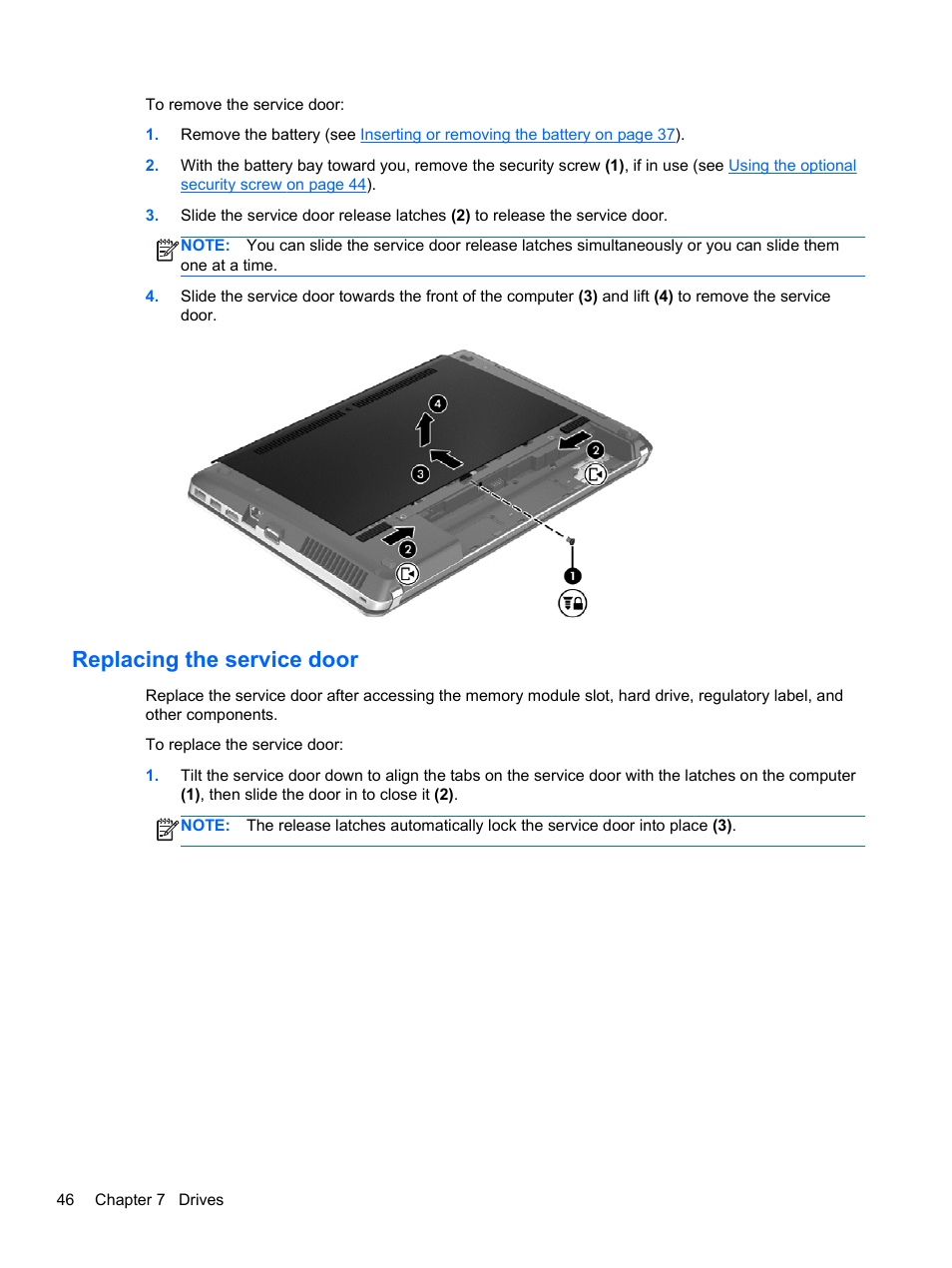 Replacing the service door | HP ProBook 4446s Notebook-PC User Manual | Page 56 / 100