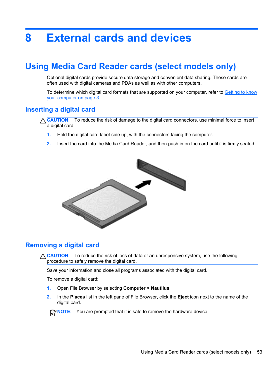 External cards and devices, Using media card reader cards (select models only), Inserting a digital card | Removing a digital card, 8 external cards and devices, Inserting a digital card removing a digital card, 8external cards and devices | HP ProBook 4446s Notebook-PC User Manual | Page 63 / 100