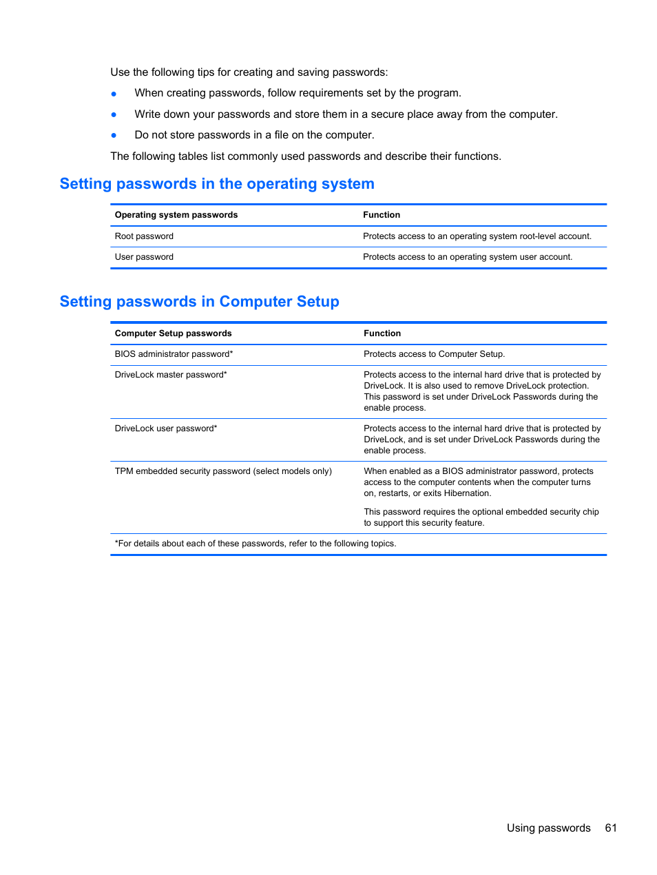Setting passwords in the operating system, Setting passwords in computer setup | HP ProBook 4446s Notebook-PC User Manual | Page 71 / 100