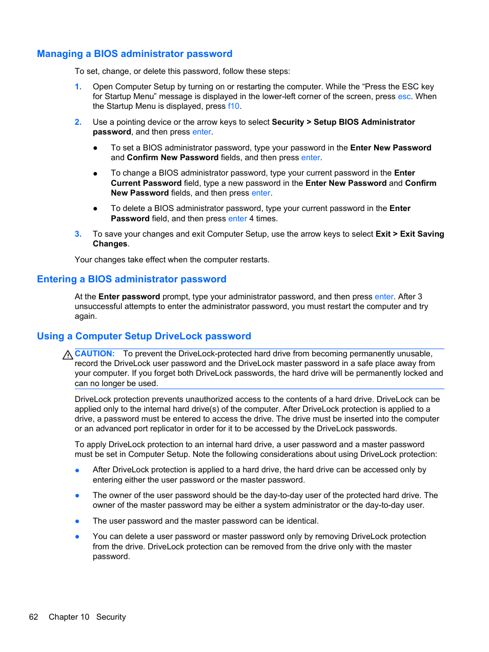 Managing a bios administrator password, Entering a bios administrator password, Using a computer setup drivelock password | HP ProBook 4446s Notebook-PC User Manual | Page 72 / 100