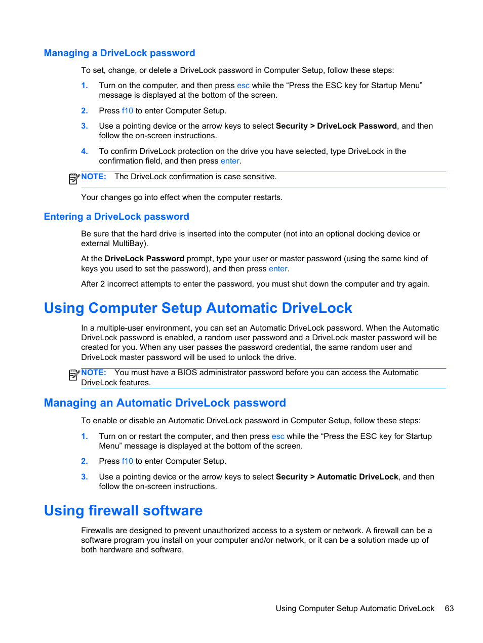 Managing a drivelock password, Entering a drivelock password, Using computer setup automatic drivelock | Managing an automatic drivelock password, Using firewall software | HP ProBook 4446s Notebook-PC User Manual | Page 73 / 100