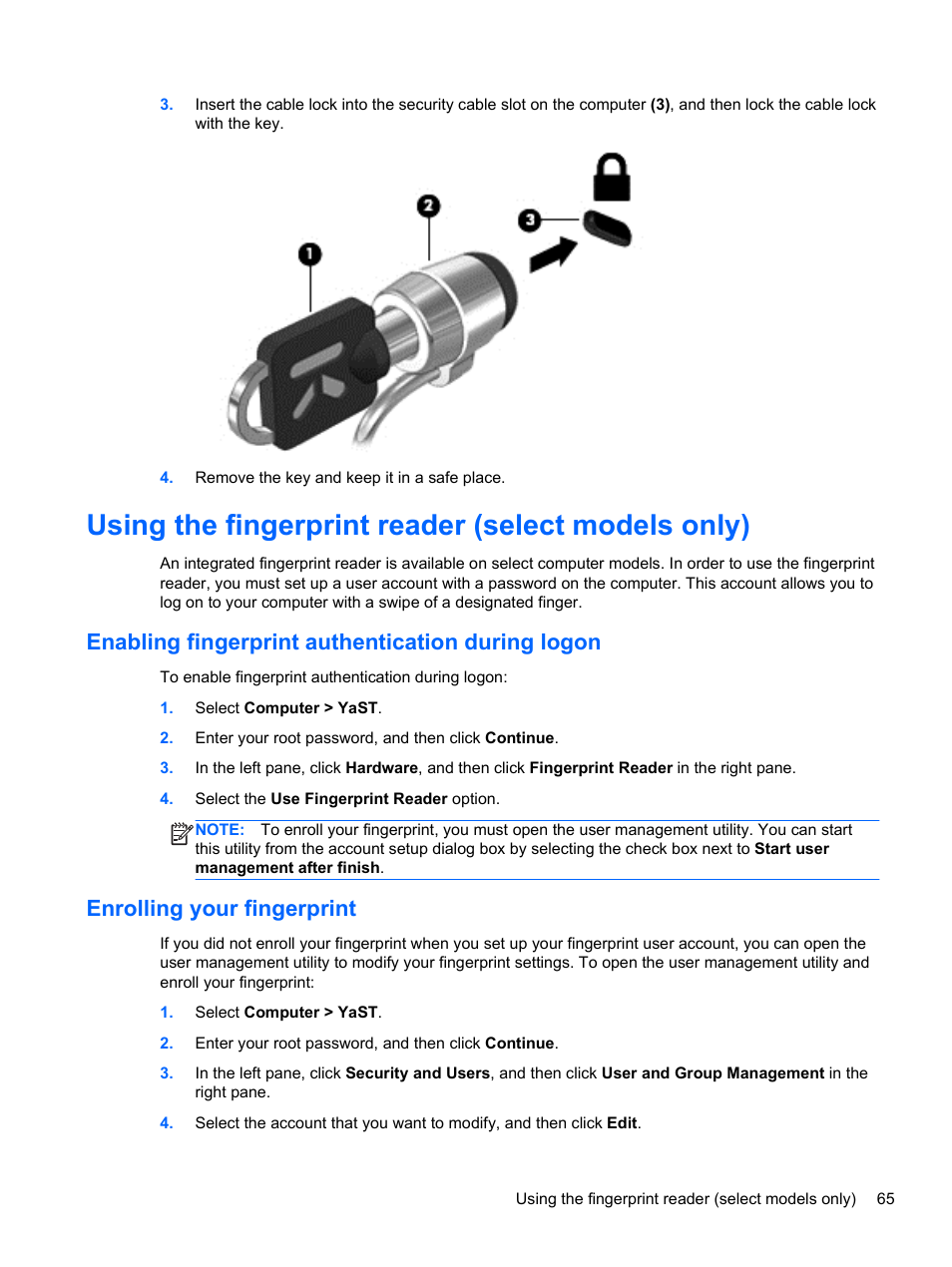 Using the fingerprint reader (select models only), Enabling fingerprint authentication during logon, Enrolling your fingerprint | HP ProBook 4446s Notebook-PC User Manual | Page 75 / 100