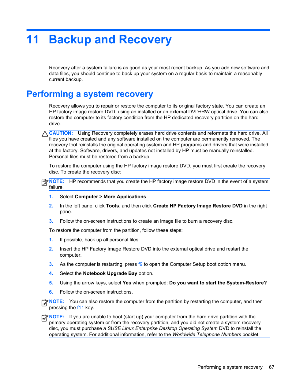 Backup and recovery, Performing a system recovery, 11 backup and recovery | HP ProBook 4446s Notebook-PC User Manual | Page 77 / 100