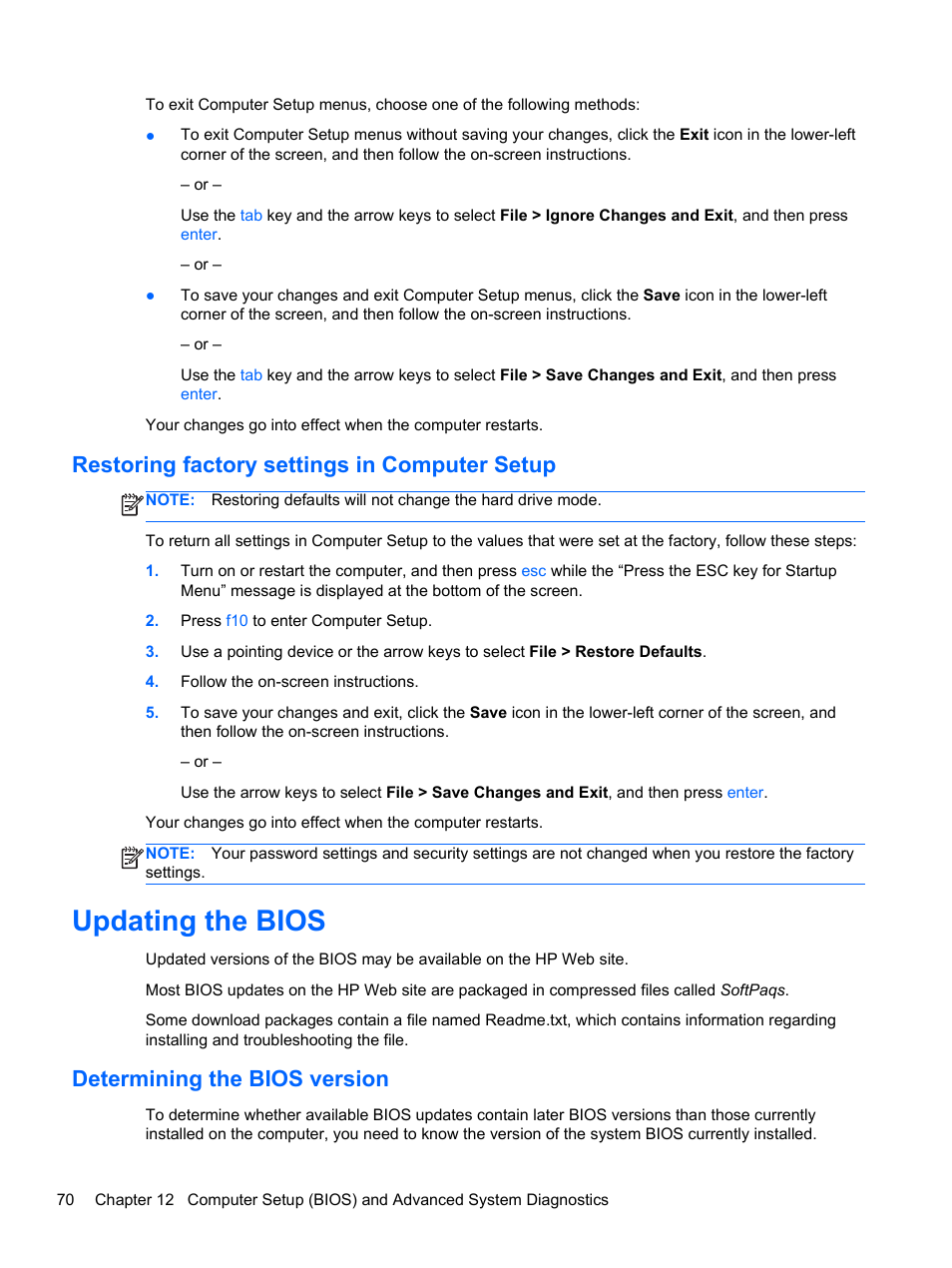 Restoring factory settings in computer setup, Updating the bios, Determining the bios version | HP ProBook 4446s Notebook-PC User Manual | Page 80 / 100