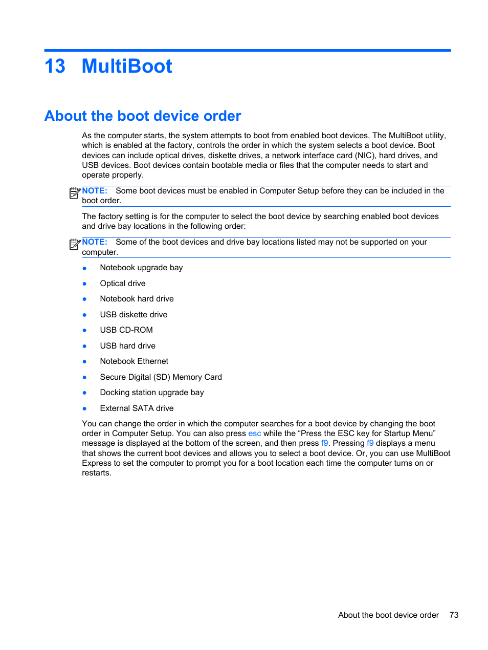 Multiboot, About the boot device order, 13 multiboot | HP ProBook 4446s Notebook-PC User Manual | Page 83 / 100