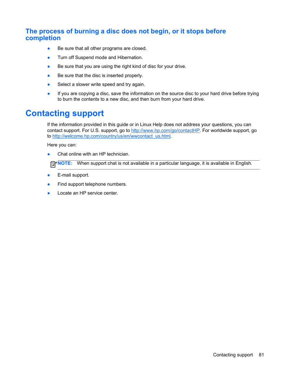 Contacting support | HP ProBook 4446s Notebook-PC User Manual | Page 91 / 100