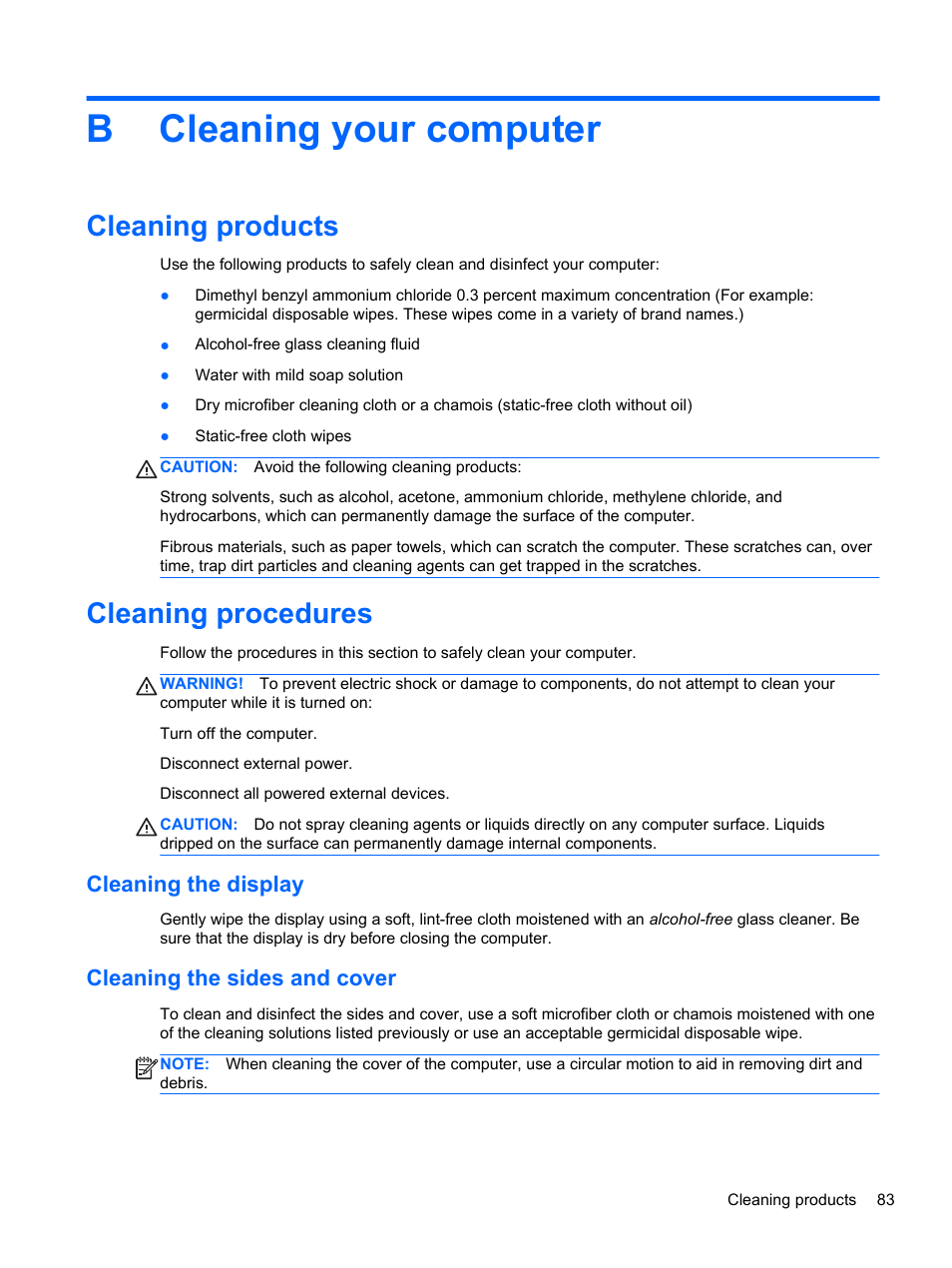 Cleaning your computer, Cleaning products, Cleaning procedures | Cleaning the display, Cleaning the sides and cover, Appendix b cleaning your computer, Cleaning products cleaning procedures, Cleaning the display cleaning the sides and cover, Bcleaning your computer | HP ProBook 4446s Notebook-PC User Manual | Page 93 / 100