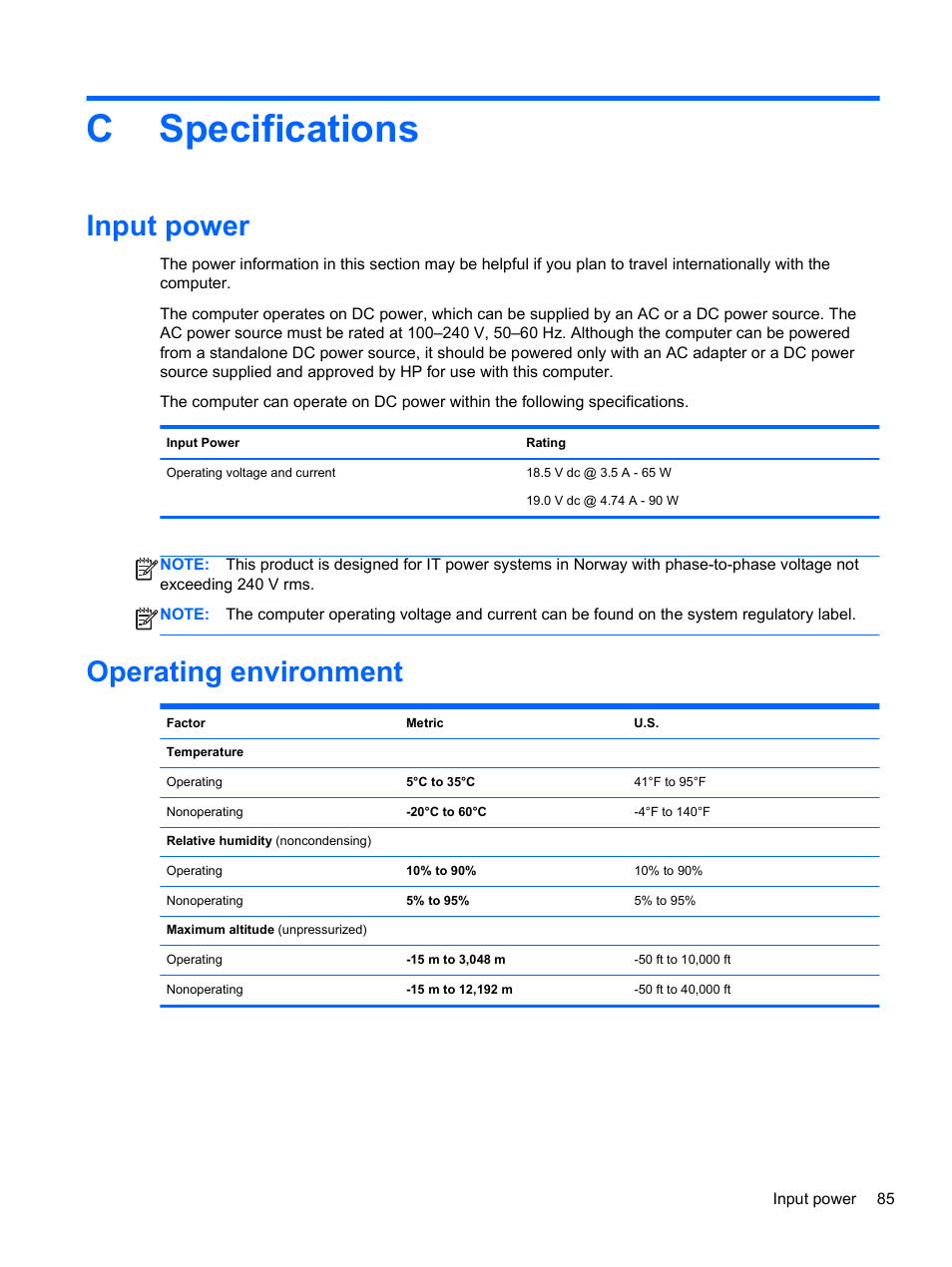 Specifications, Input power, Operating environment | Appendix c specifications, Input power operating environment, Cspecifications | HP ProBook 4446s Notebook-PC User Manual | Page 95 / 100