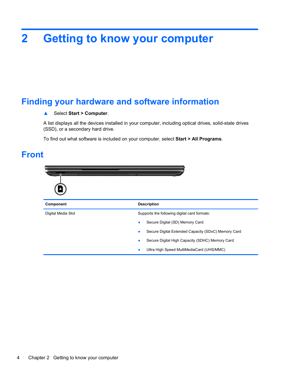 Getting to know your computer, Finding your hardware and software information, Front | 2 getting to know your computer, 2getting to know your computer | HP Pavilion m6-1002xx Entertainment Notebook PC User Manual | Page 14 / 101
